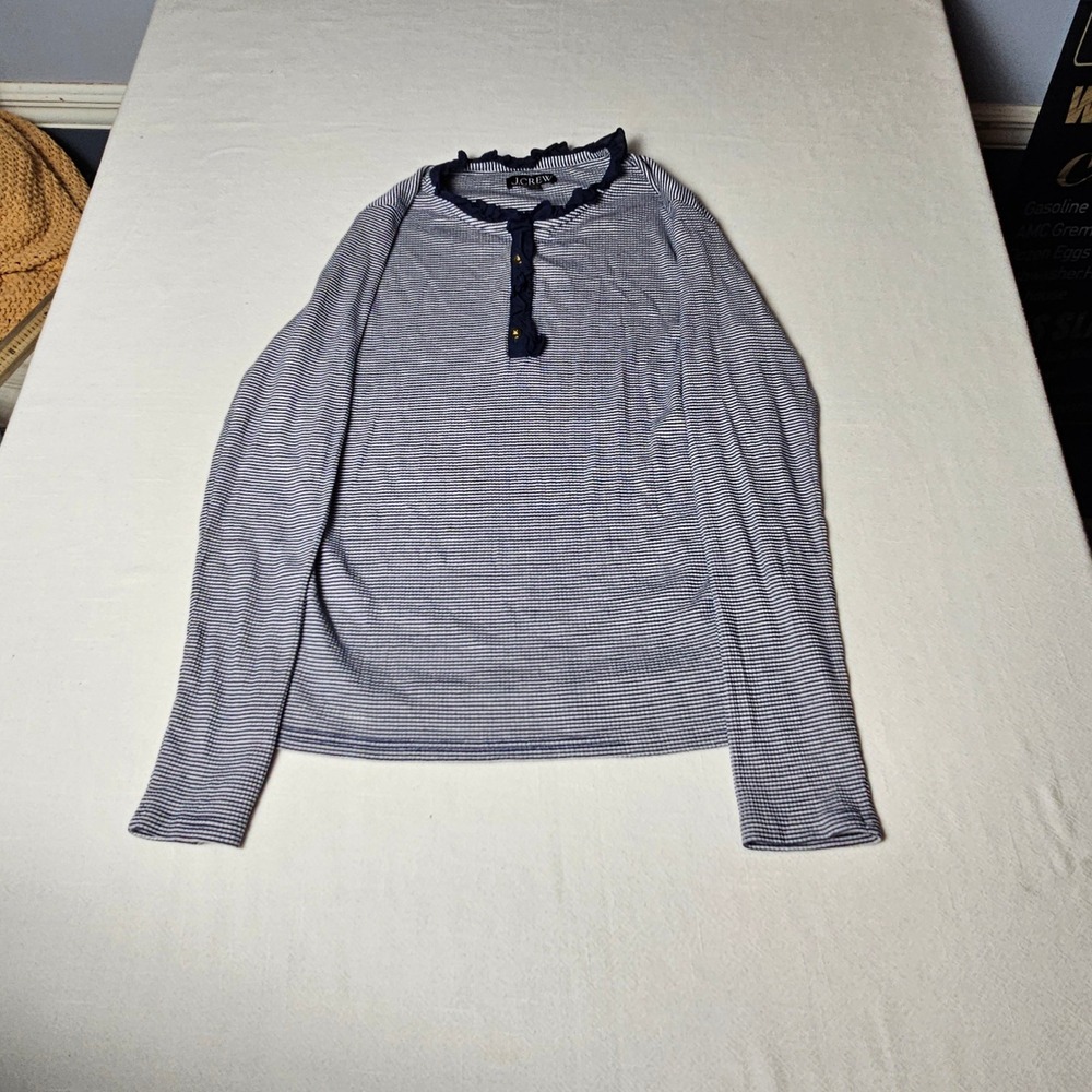 J.Crew Re-Imagined Striped Ruffle Henley Top Navy White Gold Button BP053 Large